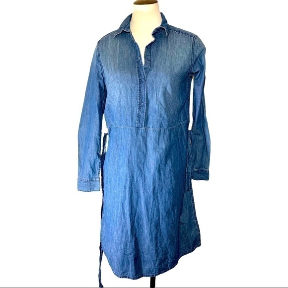 Denim Dress Blue XS Long Sleeves Belted Button Front Chambray Cotton Minimalist - Picture 3 of 10